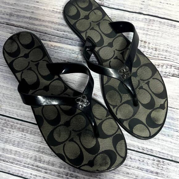 Coach Trixie Flip Flop Sandals Black Signature C Women's Shoes 7 - Picture 2 of 3
